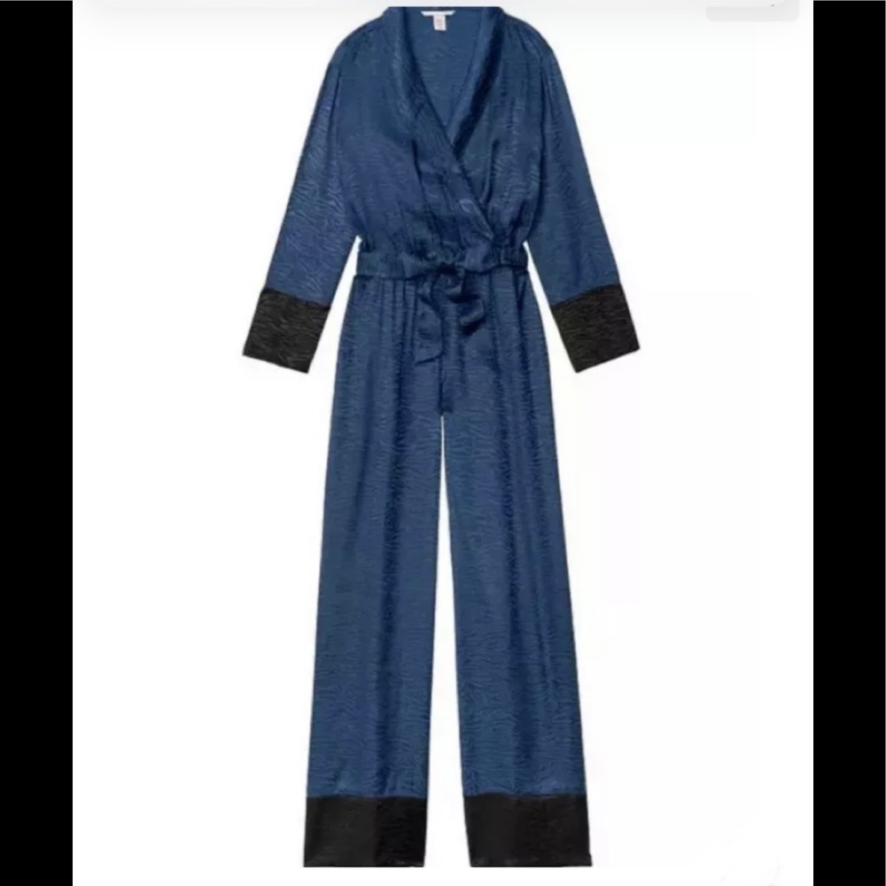 NEW VICTORIA'S SECRET ZEBRA PRINT SATIN KIMONO NAVY BLUE JUMPSUIT ROMPER